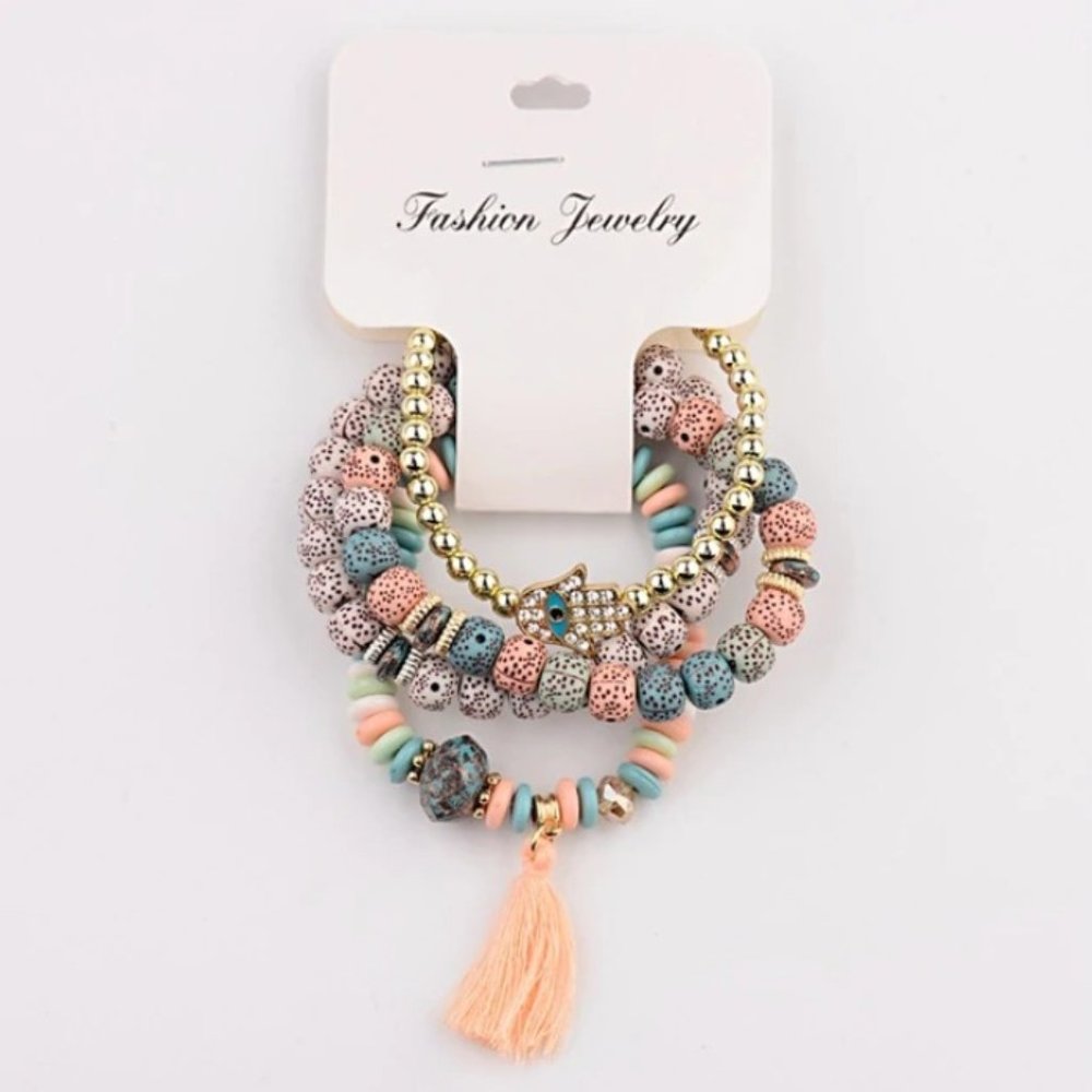 Boho blue & pink beaded bracelet hamsa hand set